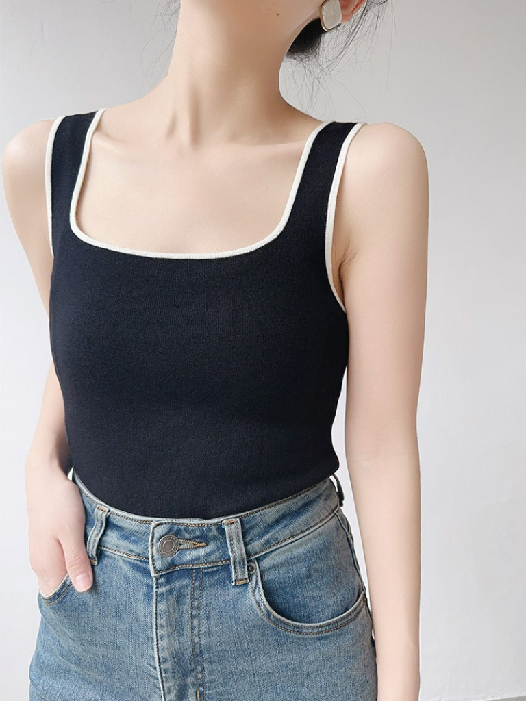 Jenaya Contrast Binding Square Neck Knit Top (Discounted-Free size)-The Black Bow-