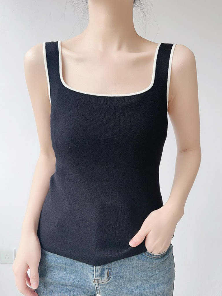 Jenaya Contrast Binding Square Neck Knit Top (Discounted-Free size)-The Black Bow-