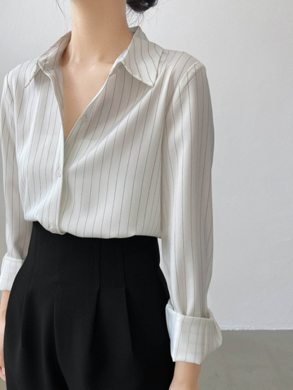 Jayne Clean Fit Striped Satin Shirt -The Black Bow-
