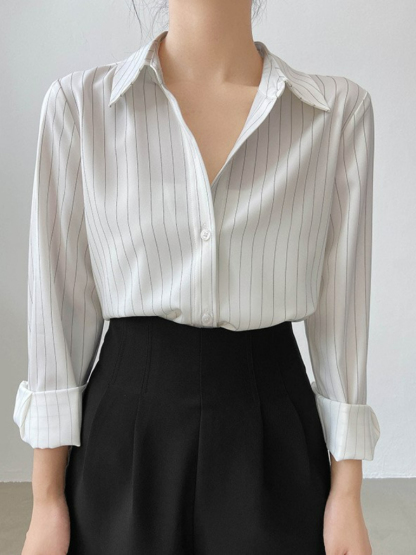 Jayne Clean Fit Striped Satin Shirt -The Black Bow-