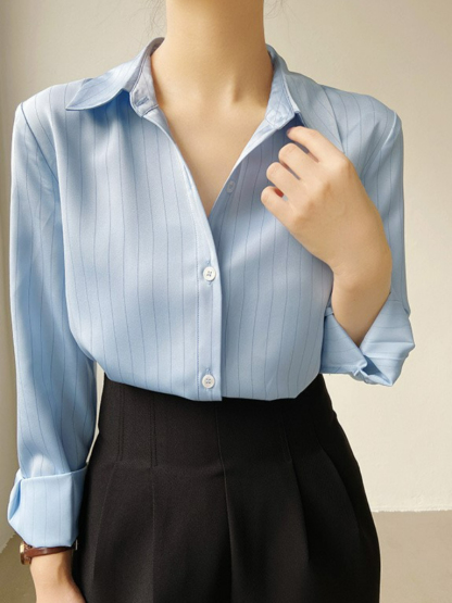 Jayne Clean Fit Striped Satin Shirt -The Black Bow-