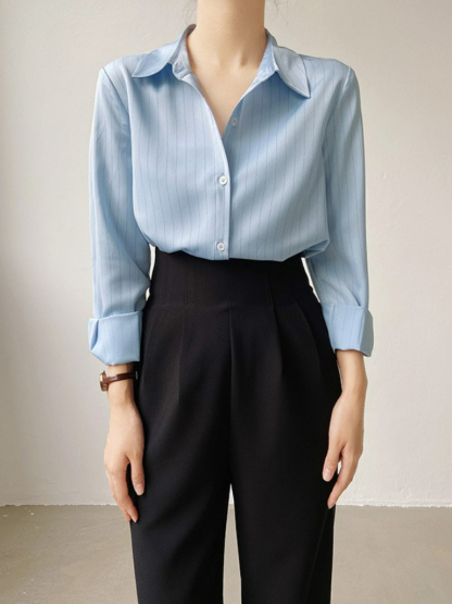 Jayne Clean Fit Striped Satin Shirt -The Black Bow-