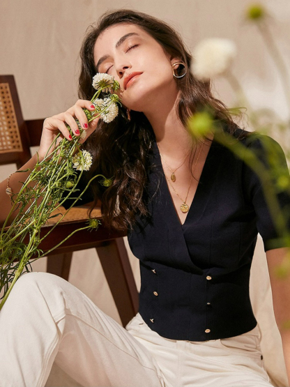Flora V-Neck French Knit Top-The Black Bow-