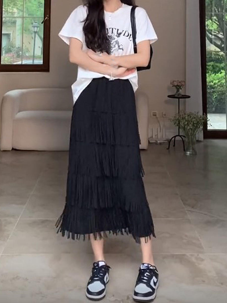 Dadey Layered Tassel Maxi Skirt-The Black Bow-