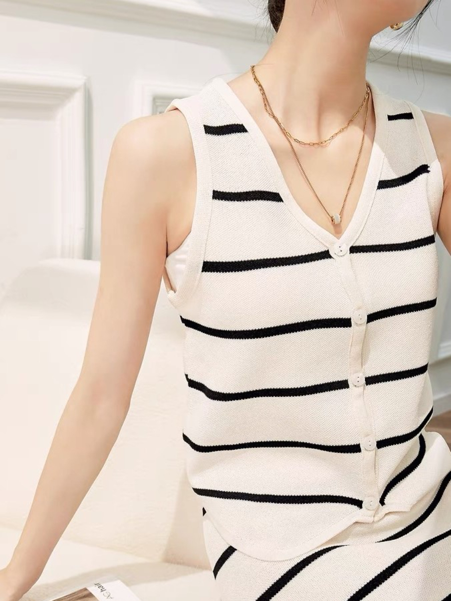 Fannie Clean Cut Striped  Sleeveless Top & Skirt Set-The Black Bow-