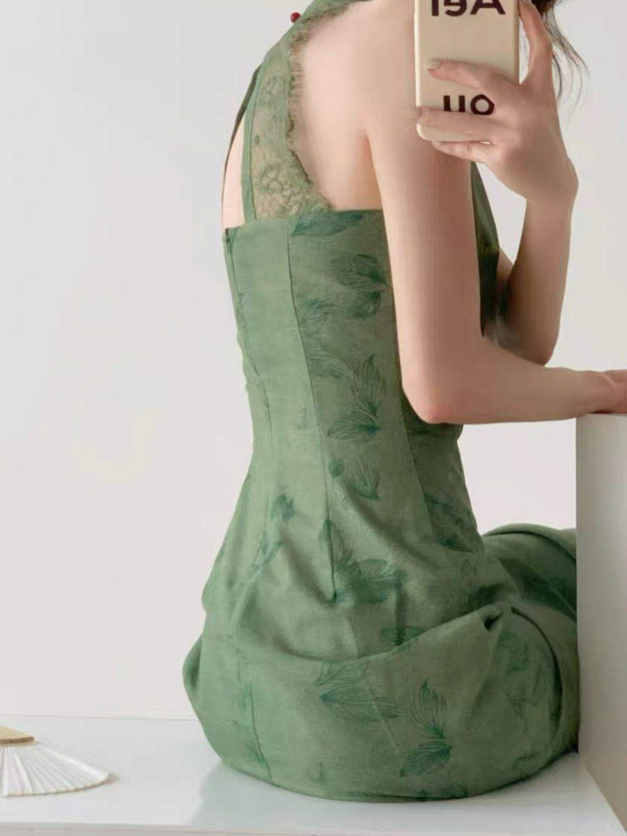 Wen's Back Lace Cheongsam - Green-The Black Bow-