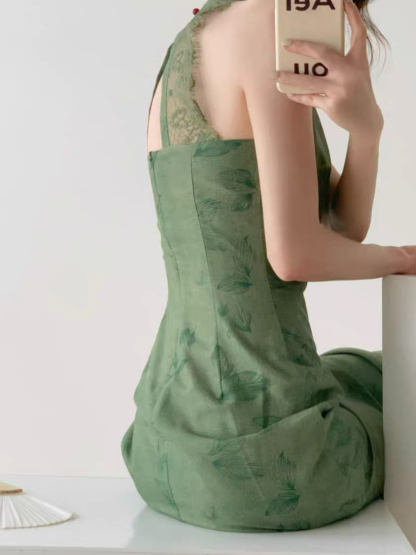 Wen's Back Lace Cheongsam - Green-The Black Bow-