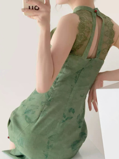 Wen's Back Lace Cheongsam - Green-The Black Bow-