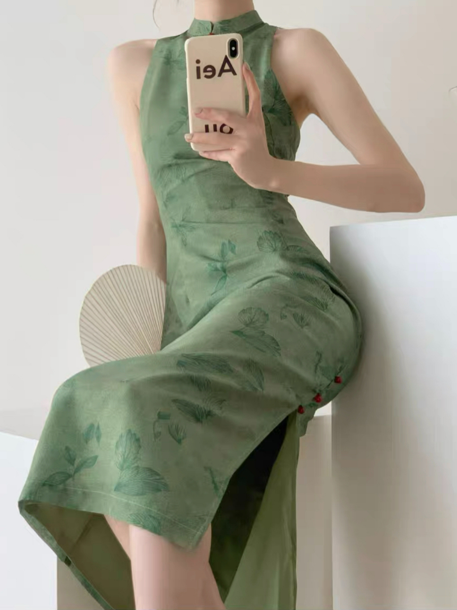 Wen's Back Lace Cheongsam - Green-The Black Bow-