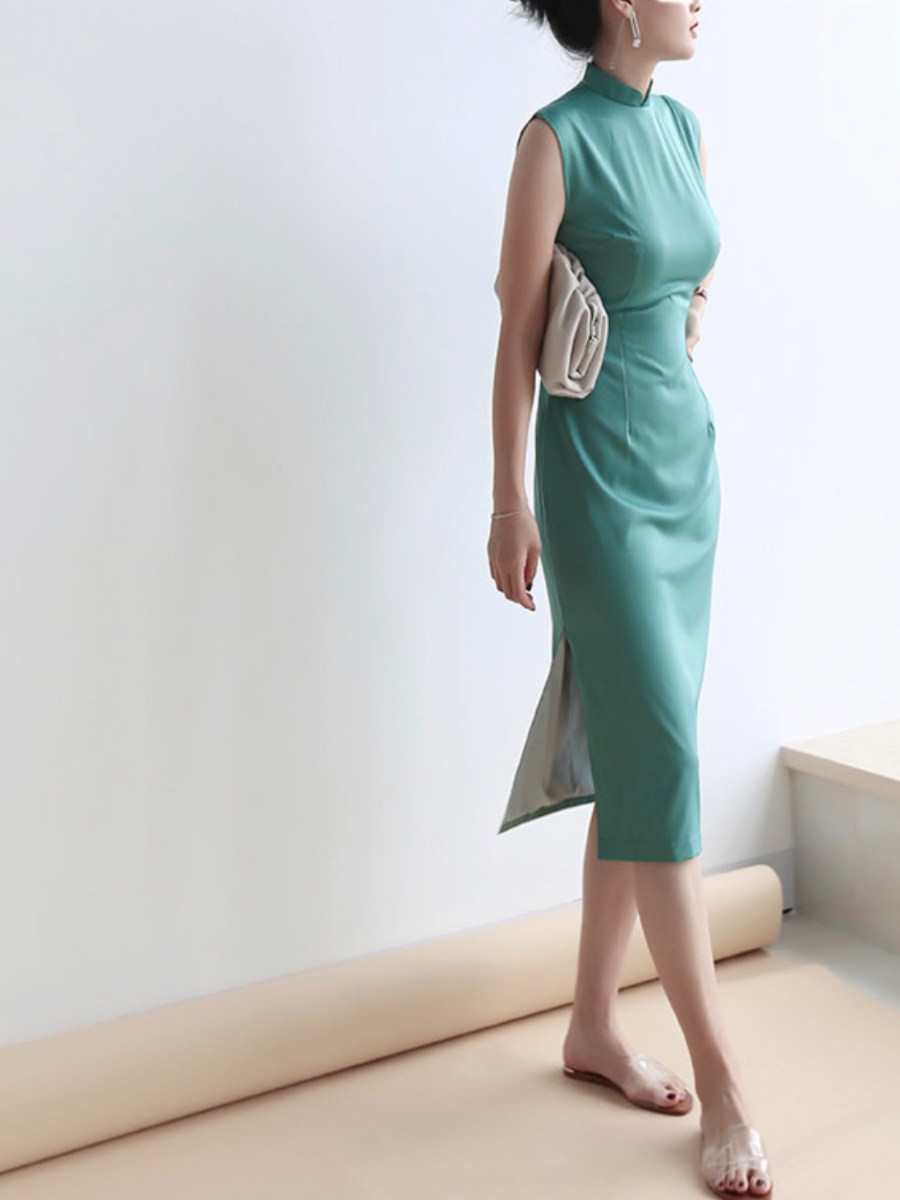 Yu's Simple Mandarin Collar Cheongsam (Turquoise & Light Yellow)-The Black Bow-