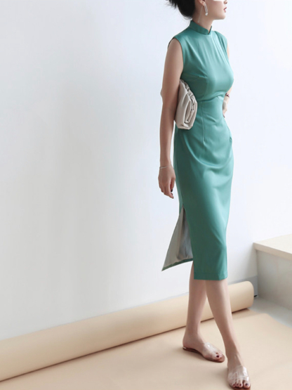 Yu's Simple Mandarin Collar Cheongsam (Turquoise & Light Yellow)-The Black Bow-