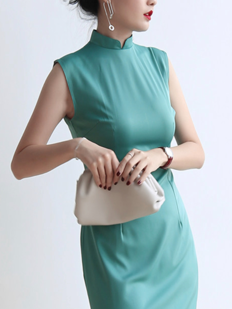 Yu's Simple Mandarin Collar Cheongsam (Turquoise & Light Yellow)-The Black Bow-