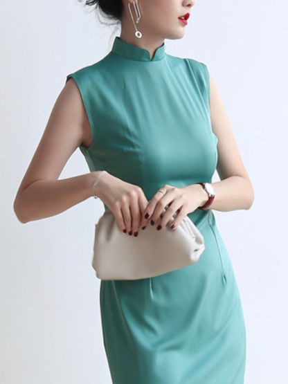 Yu's Simple Mandarin Collar Cheongsam (Turquoise & Light Yellow)-The Black Bow-