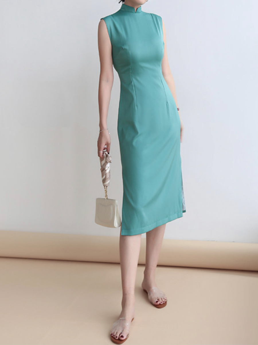 Yu's Simple Mandarin Collar Cheongsam (Turquoise & Light Yellow)-The Black Bow-