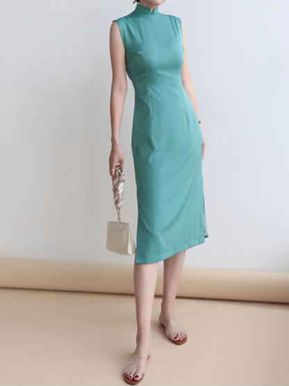 Yu's Simple Mandarin Collar Cheongsam (Turquoise & Light Yellow)-The Black Bow-