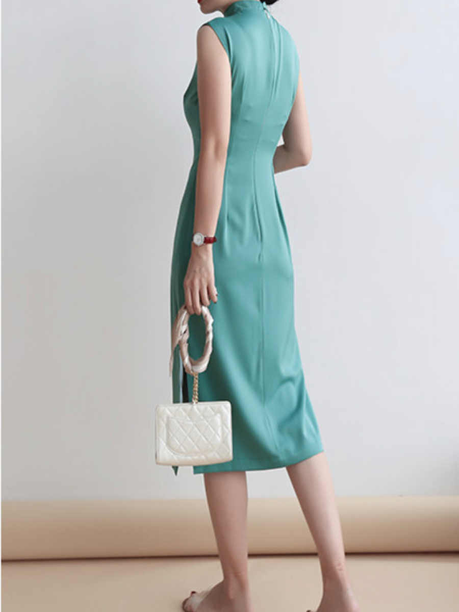 Yu's Simple Mandarin Collar Cheongsam (Turquoise & Light Yellow)-The Black Bow-