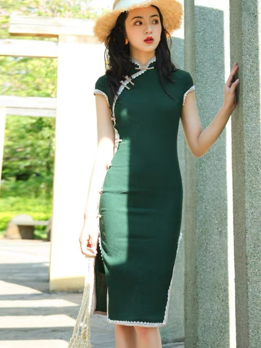 Shang's Lace Binding Midi Cheongsam-The Black Bow-