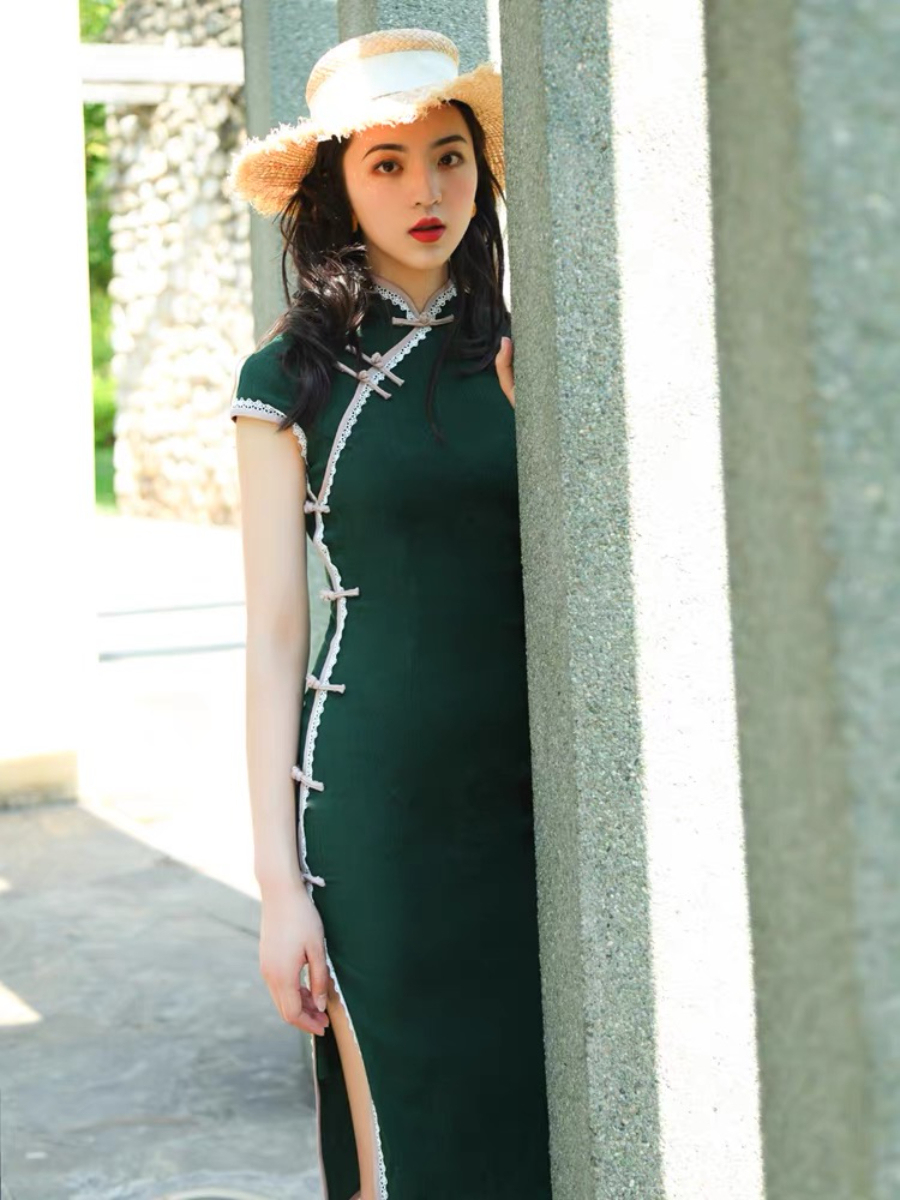 Shang's Lace Binding Midi Cheongsam-The Black Bow-