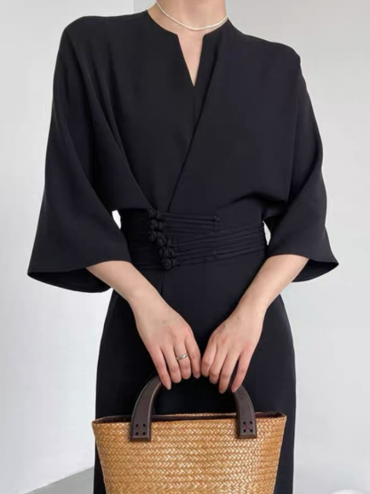 Kathly Kimono Dress with Oriental Waist Tie-The Black Bow-