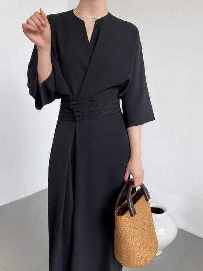 Kathly Kimono Dress with Oriental Waist Tie-The Black Bow-