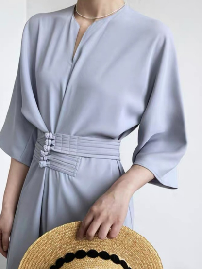Kathly Kimono Dress with Oriental Waist Tie-The Black Bow-