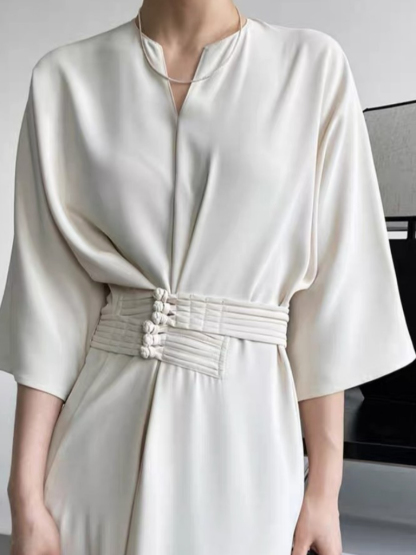 Kathly Kimono Dress with Oriental Waist Tie-The Black Bow-