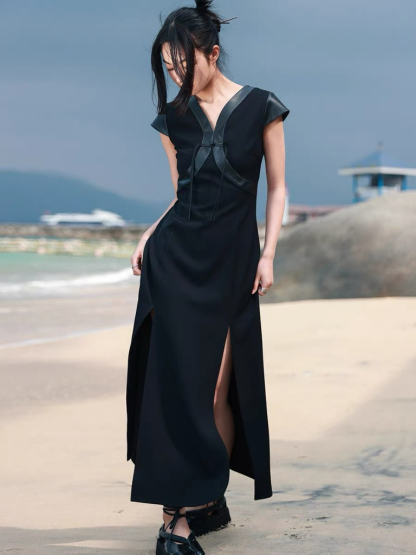 Bao Yu PU Montage Cap Sleeve Oriental Slit Dress (Discounted-S size)-The Black Bow-