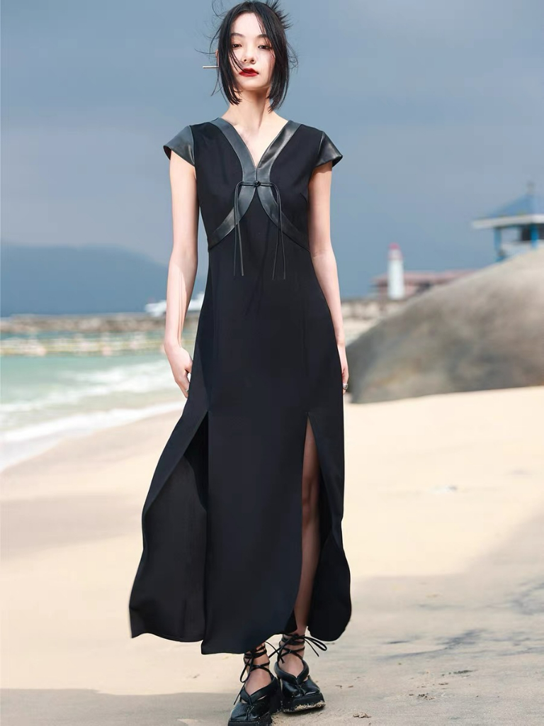 Bao Yu PU Montage Cap Sleeve Oriental Slit Dress (Discounted-S size)-The Black Bow-