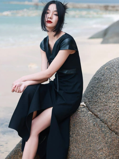 Bao Yu PU Montage Cap Sleeve Oriental Slit Dress (Discounted-S size)-The Black Bow-