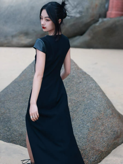 Bao Yu PU Montage Cap Sleeve Oriental Slit Dress (Discounted-S size)-The Black Bow-