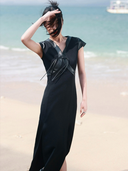 Bao Yu PU Montage Cap Sleeve Oriental Slit Dress (Discounted-S size)-The Black Bow-