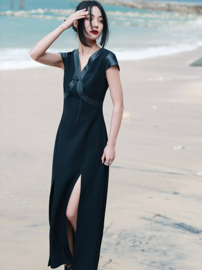 Bao Yu PU Montage Cap Sleeve Oriental Slit Dress (Discounted-S size)-The Black Bow-
