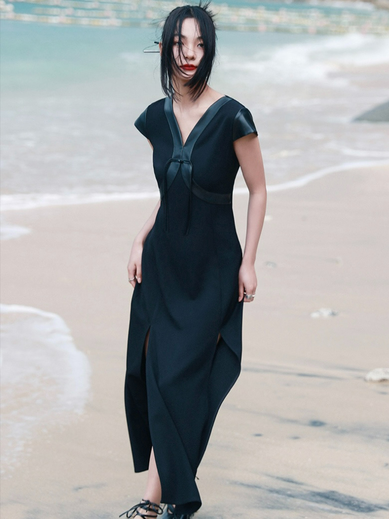 Bao Yu PU Montage Cap Sleeve Oriental Slit Dress (Discounted-S size)-The Black Bow-
