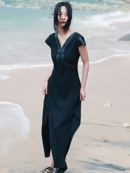 Bao Yu PU Montage Cap Sleeve Oriental Slit Dress (Discounted-S size)-The Black Bow-
