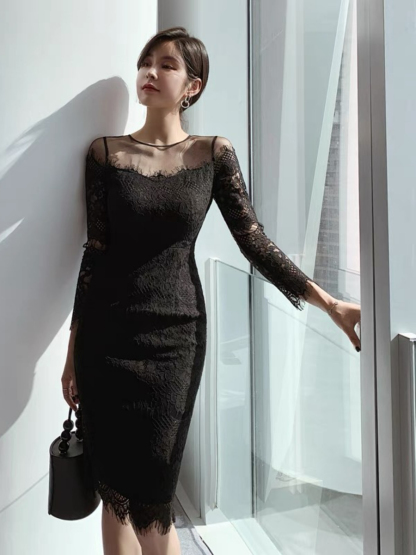Everly Mesh Shoulder Lacey Bodycon Dress-The Black Bow-