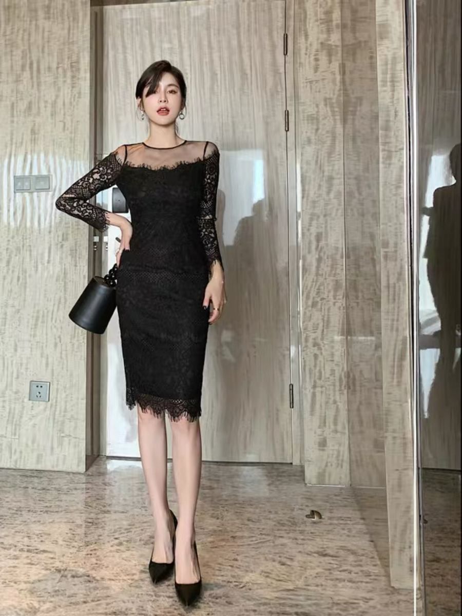 Everly Mesh Shoulder Lacey Bodycon Dress-The Black Bow-