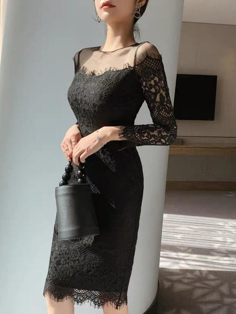 Everly Mesh Shoulder Lacey Bodycon Dress-The Black Bow-