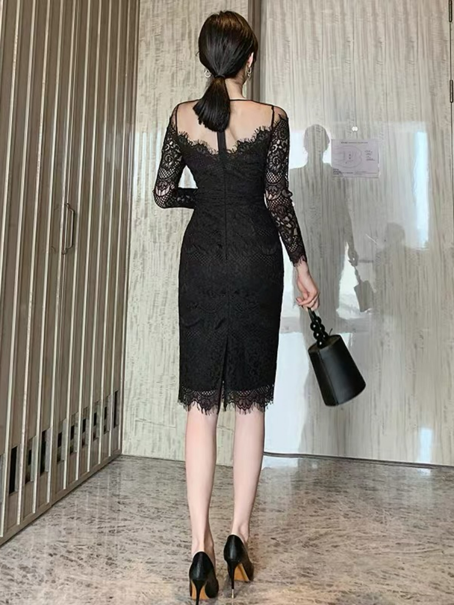 Everly Mesh Shoulder Lacey Bodycon Dress-The Black Bow-