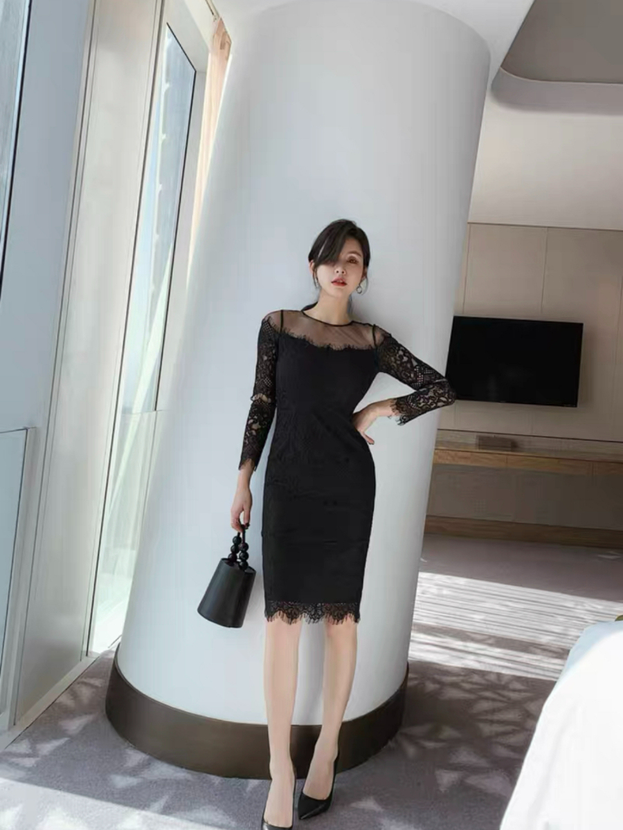 Everly Mesh Shoulder Lacey Bodycon Dress-The Black Bow-