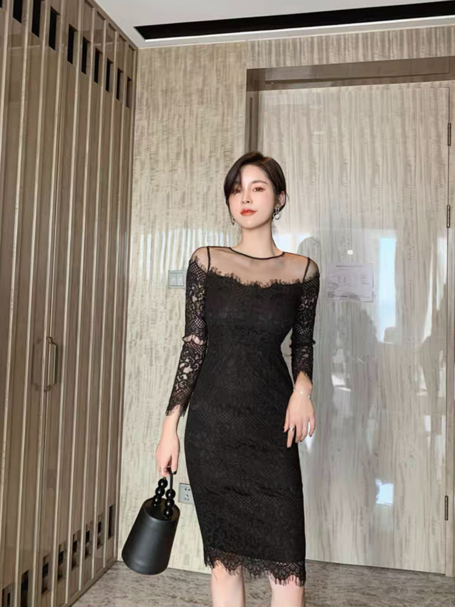 Everly Mesh Shoulder Lacey Bodycon Dress-The Black Bow-