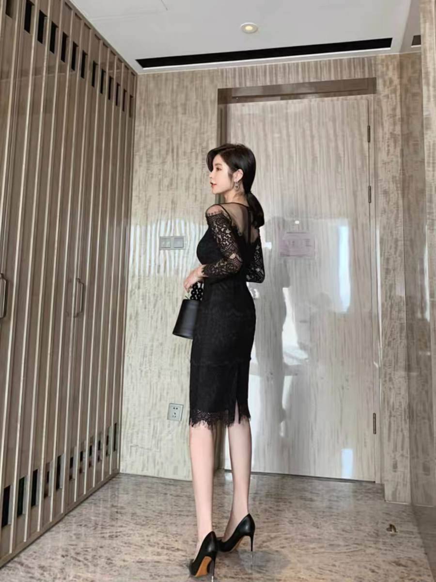 Everly Mesh Shoulder Lacey Bodycon Dress-The Black Bow-