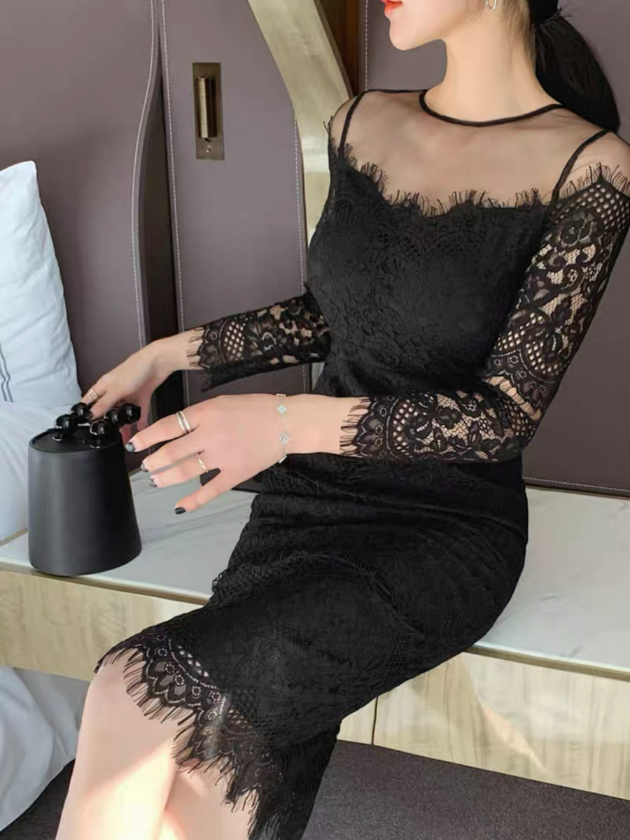 Everly Mesh Shoulder Lacey Bodycon Dress-The Black Bow-