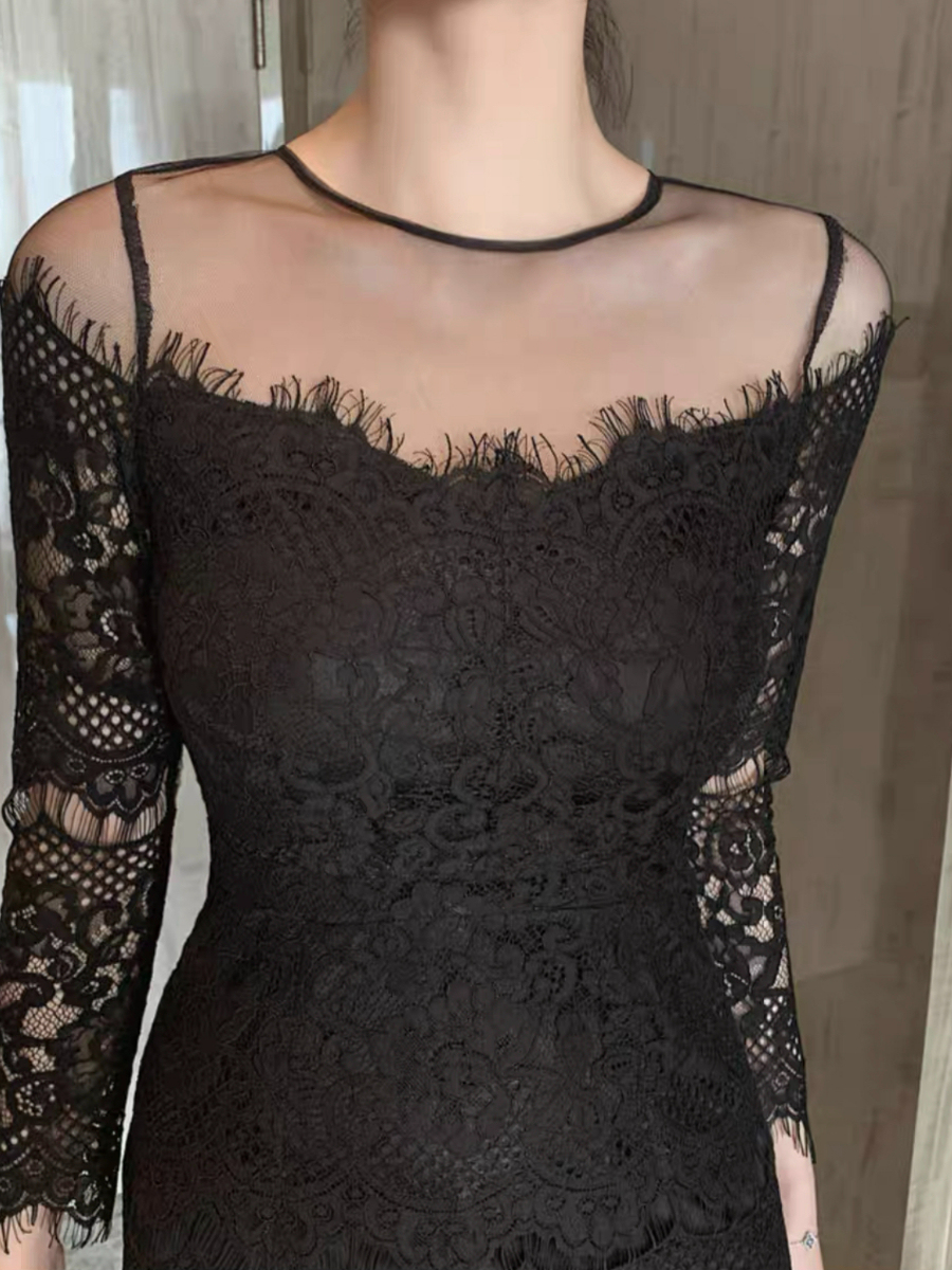 Everly Mesh Shoulder Lacey Bodycon Dress-The Black Bow-