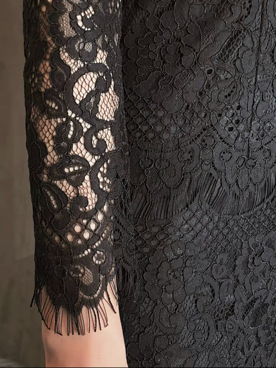 Everly Mesh Shoulder Lacey Bodycon Dress-The Black Bow-