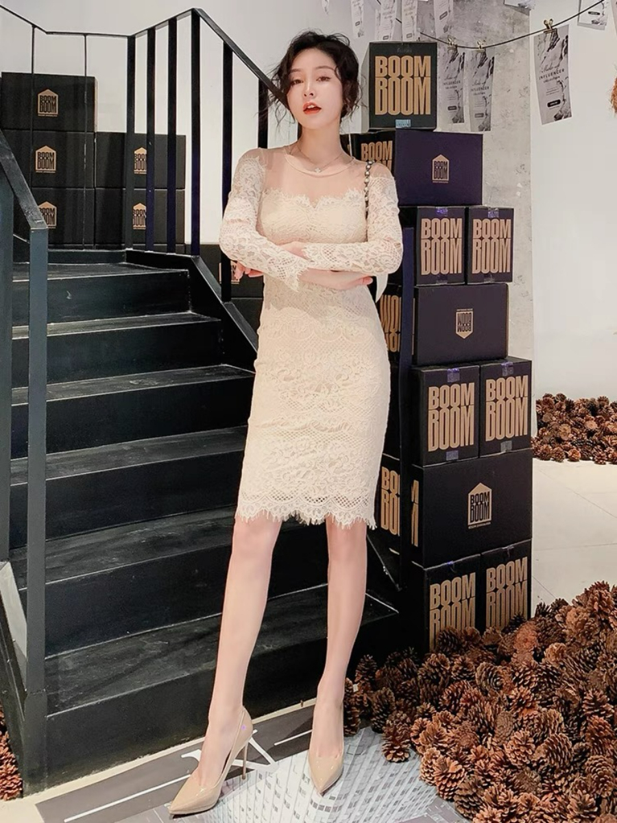 Everly Mesh Shoulder Lacey Bodycon Dress (Discounted-S Size)-The Black Bow-