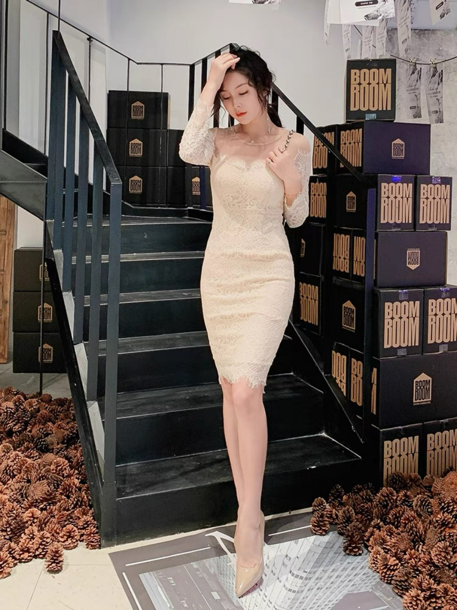 Everly Mesh Shoulder Lacey Bodycon Dress (Discounted-S Size)-The Black Bow-