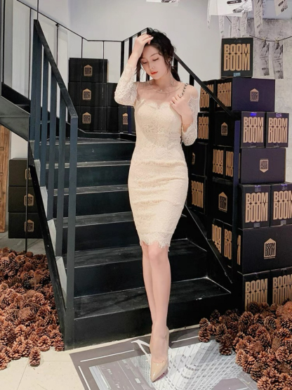 Everly Mesh Shoulder Lacey Bodycon Dress (Discounted-S Size)-The Black Bow-