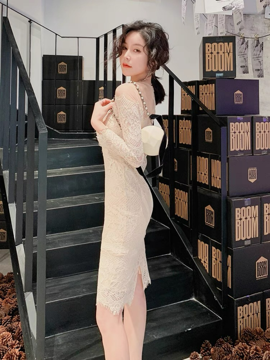 Everly Mesh Shoulder Lacey Bodycon Dress (Discounted-S Size)-The Black Bow-