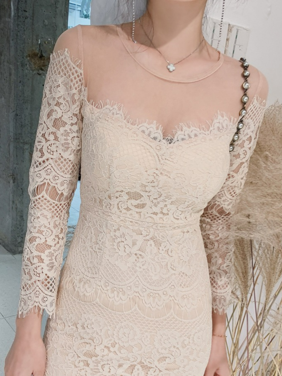 Everly Mesh Shoulder Lacey Bodycon Dress (Discounted-S Size)-The Black Bow-