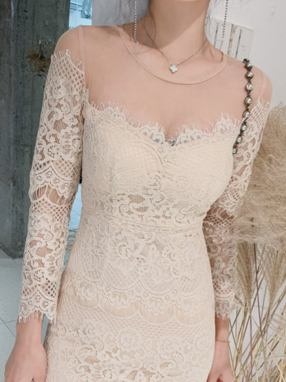 Everly Mesh Shoulder Lacey Bodycon Dress (Discounted-S Size)-The Black Bow-